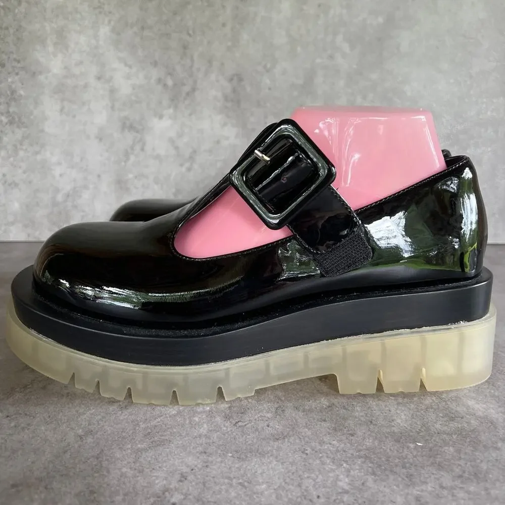 Jeffrey Campbell T-Strap Mary Jane platform shoes patent leather w lug sole Y2K